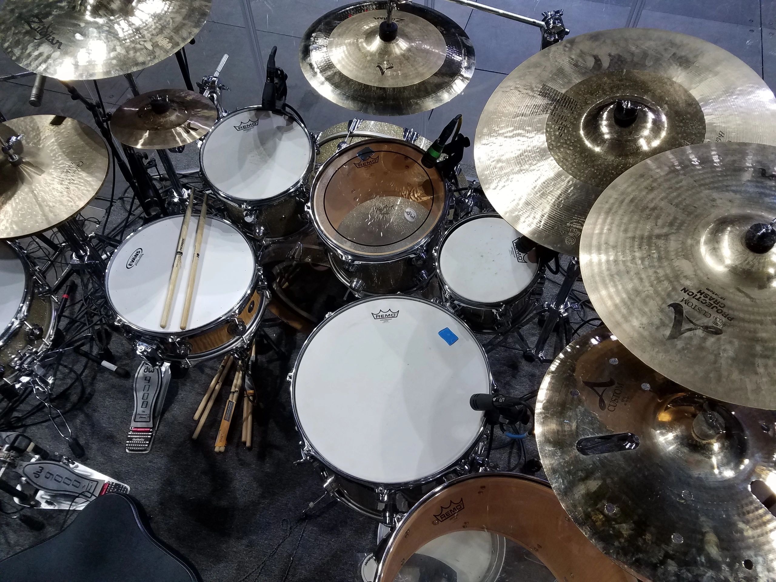 Overhead drum kit percussion setup